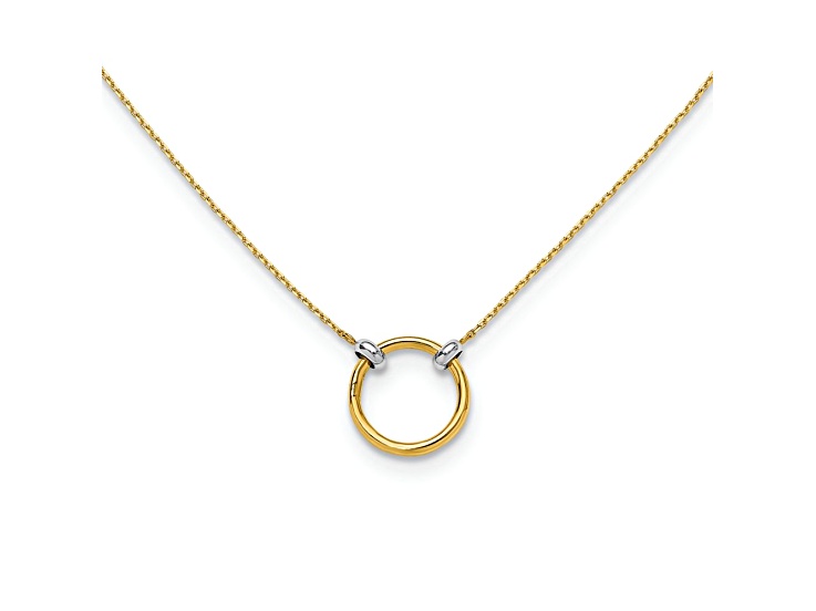 14k Yellow Gold and Rhodium Over 14k Yellow Gold Polished Circle Pendant Cable Link 18 Inch Necklace