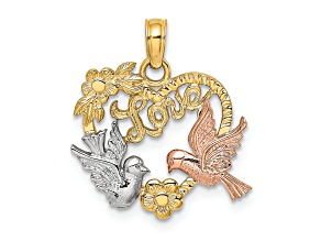 14K Tri-color Gold Textured LOVE with Doves Heart Charm