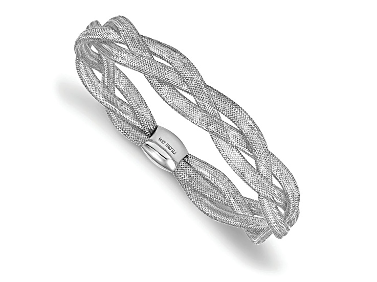 Rhodium Over 14k White Gold 10.25mm Fancy Woven Stretchable Bangle Bracelet