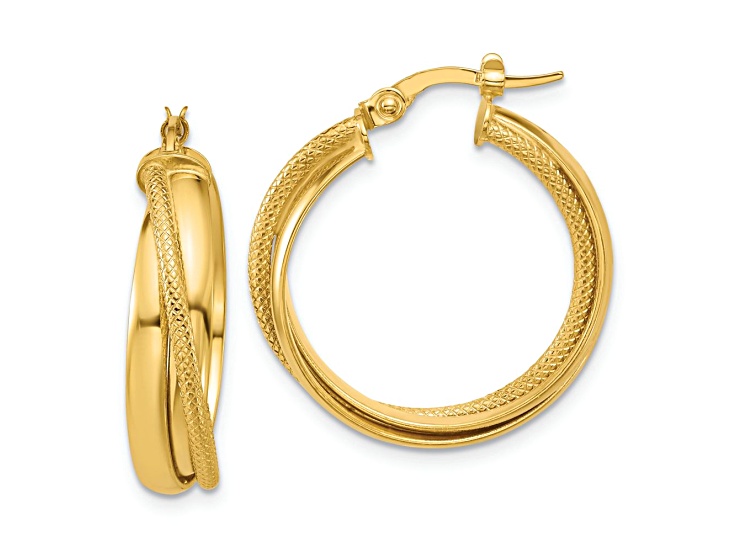 14k Yellow Gold 15/16 inch Polished and Textured Round Hoop Earrings