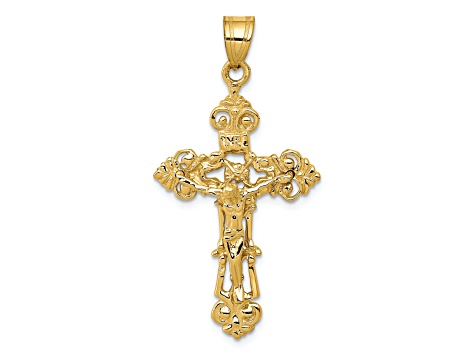 14K Yellow Gold INRI Fleur De Lis Crucifix Pendant