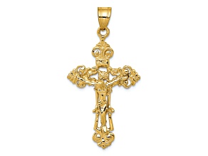 14K Yellow Gold INRI Fleur De Lis Crucifix Pendant