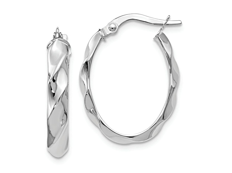Rhodium Over 14k White Gold 7/8 inch Polished Twisted Oval Hoop Earrings