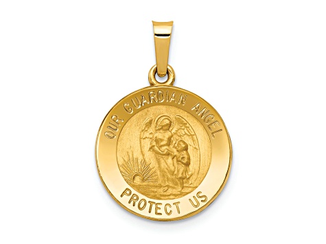 14K Yellow Gold Polished and Satin Our Guardian Angel Medal Hollow Pendant