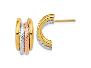 14K Tri-color Gold Polished/Twisted J-Hoop Post Earrings