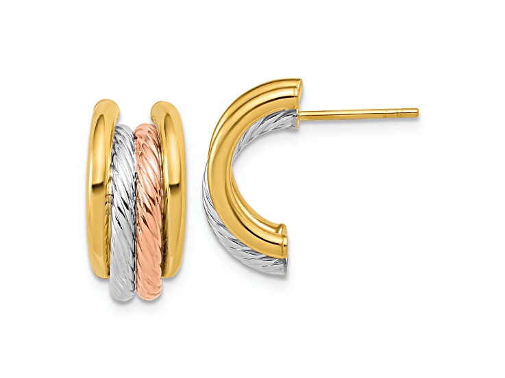 14K Tri-color Gold Polished/Twisted J-Hoop Post Earrings