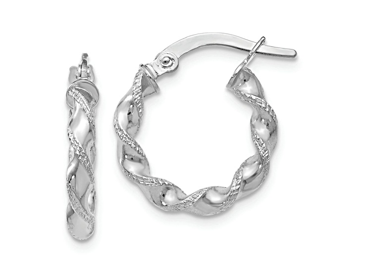 Rhodium Over 10k White Gold 11/16 inch Textured Twisted Hinged Hoop Earrings
