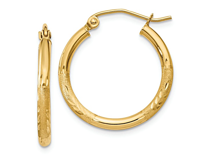 14k Yellow Gold 13/16 inch Satin and Diamond-Cut Round Tube Hoop Earrings