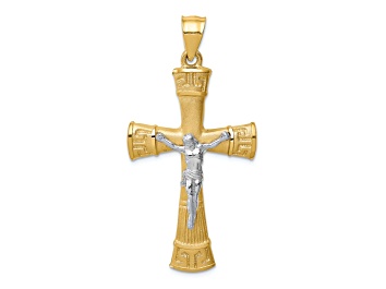 Picture of 14k Yellow Gold and 14k White Gold Brushed, Polished and Textured Greek Key Crucifix Pendant