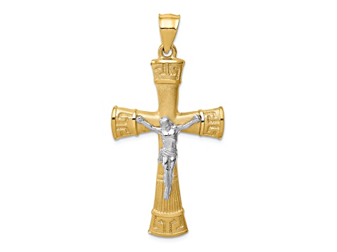 14k Yellow Gold and 14k White Gold Brushed, Polished and Textured Greek Key Crucifix Pendant