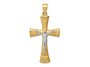 14k Yellow Gold and 14k White Gold Brushed, Polished and Textured Greek Key Crucifix Pendant