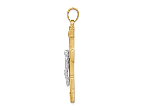 14k Yellow Gold and 14k White Gold Brushed, Polished and Textured Greek Key Crucifix Pendant