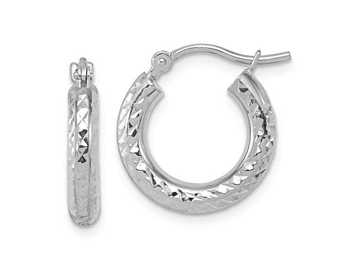 Rhodium Over 14k White Gold 5/8 inch Diamond-Cut Round Hoop Earrings