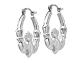 Rhodium Over 14k White Gold 1 1/16" Claddagh Hoop Earrings