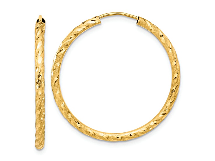 14k Yellow Gold 1 3/16" Polished Satin and Diamond-Cut Endless Hoop Earrings