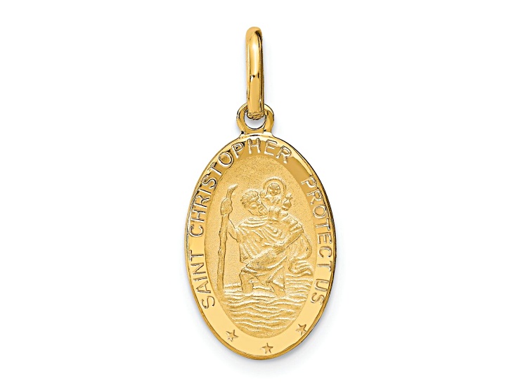 14K Yellow Gold Polished and Satin Oval Saint Christopher Pendant