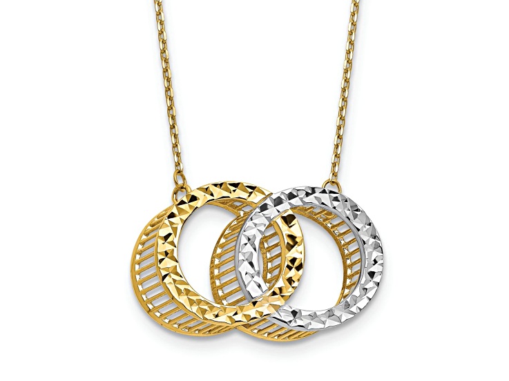 Rhodium Over 10k Yellow Gold Polished Diamond-Cut Fancy Circles Pendant Cable Link 18 Inch Necklace
