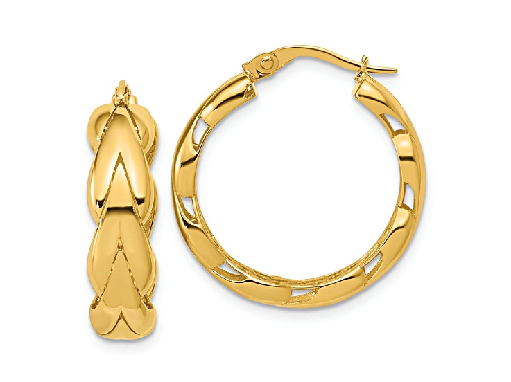 14K Yellow Gold Polished and Grooved Fancy Hoop Earrings