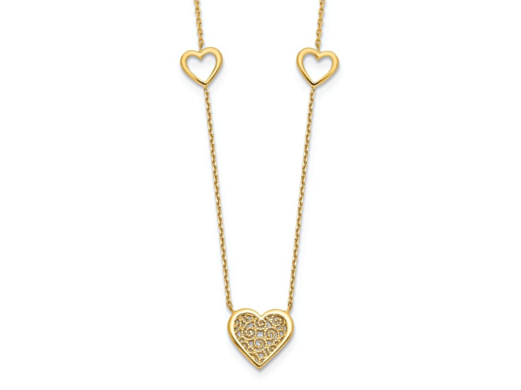 14k Yellow Gold Polished and Filigree Patterned Textured Heart Stations Cable Link 17 Inch Necklace