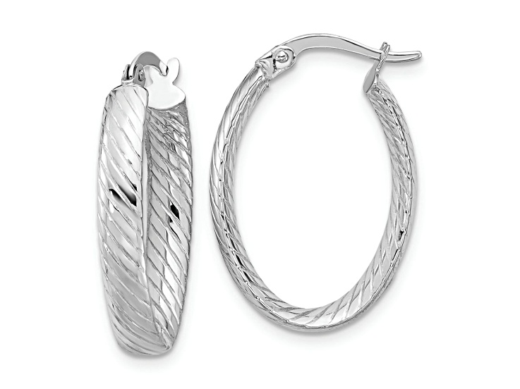 Rhodium Over 14k White Gold 1 inch Polished and Grooved Oval Hoop Earrings