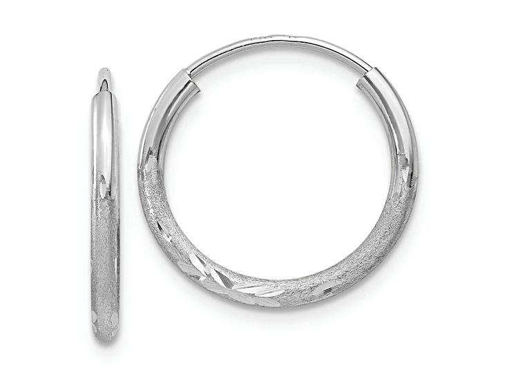 Rhodium Over 10k White Gold 9/16" Satin and Diamond-Cut Endless Hoop Earrings