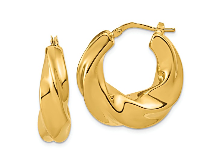 14K Yellow Gold Polished Puffed and Twisted Hoop Earrings