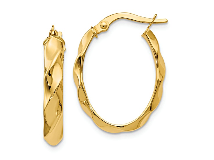 14k Yellow Gold 7/8 inch Polished and Twisted Oval Hoop Earrings