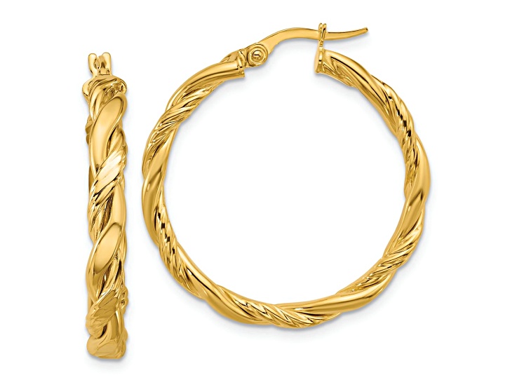 14k Yellow Gold 1 1/8 inch Polished and Twisted Round Hoop Earrings