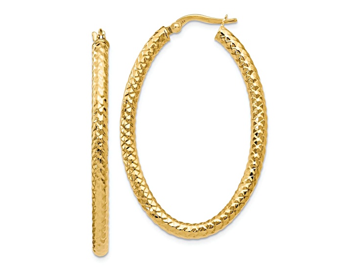 14k Yellow Gold 1 5/8 inch Polished and Textured Oval Hoop Earrings