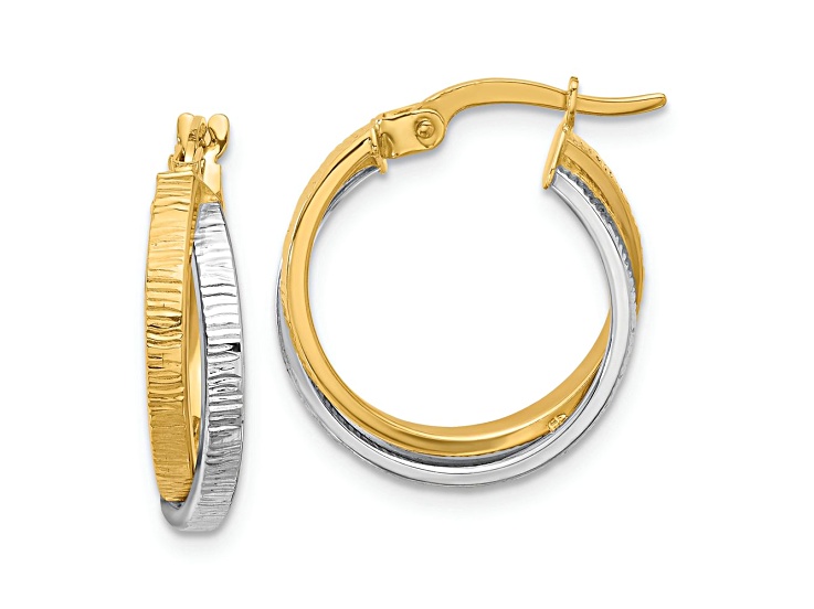 14K Two-tone Gold 13/16 inch Polished Textured Brushed Bypass Hoop Earrings