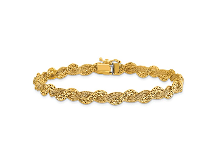 14K Two-tone Gold Polished Textured Diamond-Cut 5.75mm Twisted Mesh Fancy Bracelet