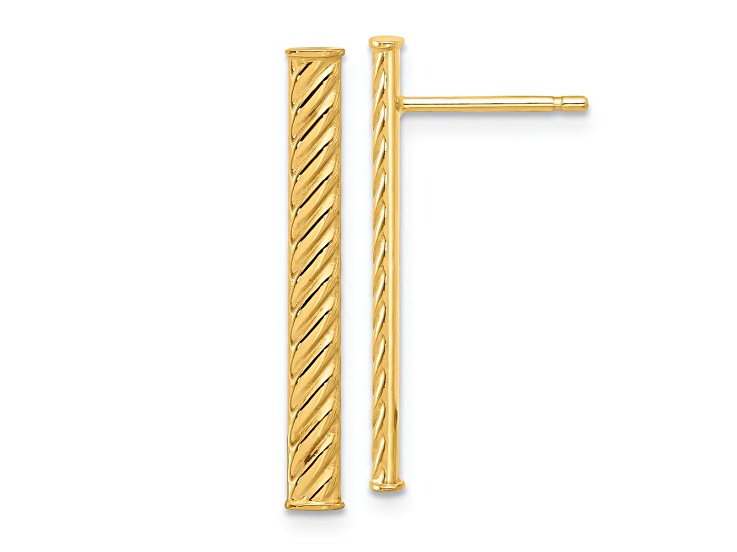 14k Yellow Gold Polished and Textured Bar Stud Earrings