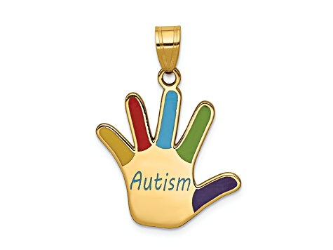14k Yellow Gold Multi-color Enameled Autism Handprint Pendant