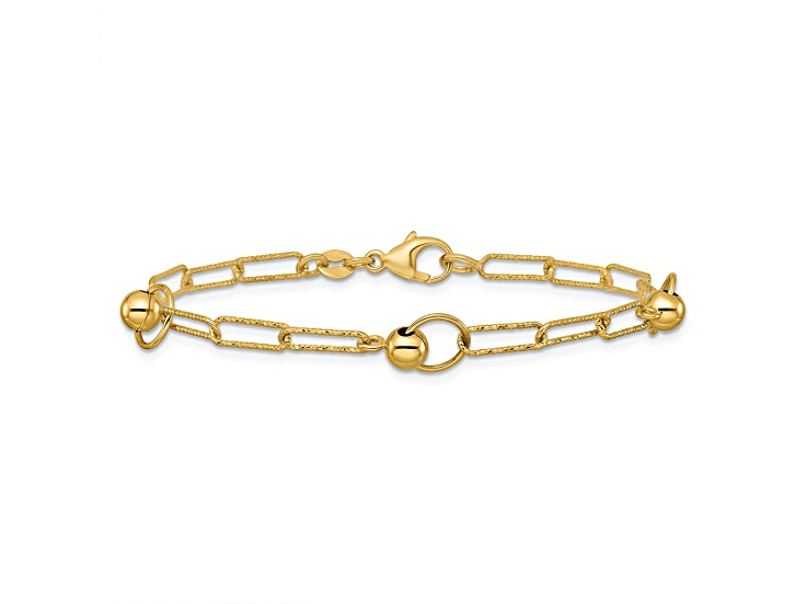 14K Yellow Gold Polished and Diamond-cut Circle Station Paperclip Bracelet
