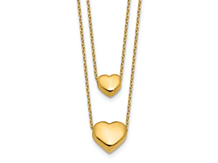 14k Yellow Gold Polished Hearts Pendant Two Strand Cable Link 17 Inch Necklace