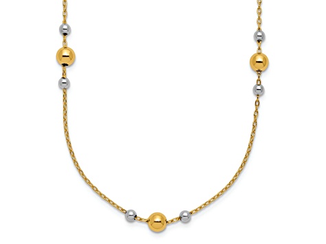 14k Yellow Gold and Rhodium Over 14k Yellow Gold Polished Ball Beaded Station 18 Inch Necklace