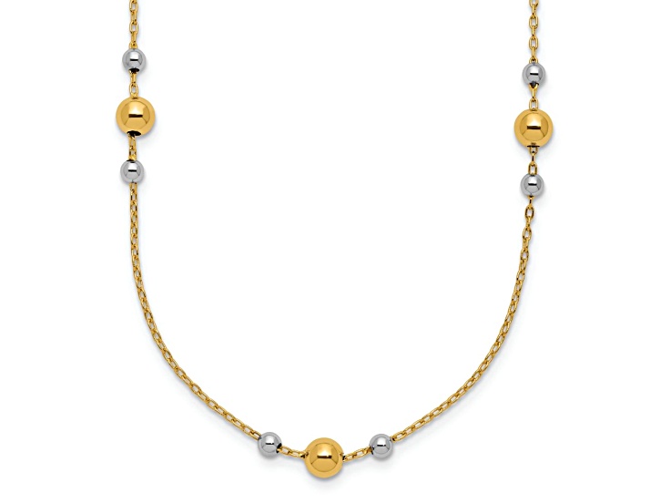 14k Yellow Gold and Rhodium Over 14k Yellow Gold Polished Ball Beaded Station 18 Inch Necklace