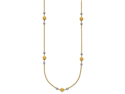 14k Yellow Gold and Rhodium Over 14k Yellow Gold Polished Ball Beaded Station 18 Inch Necklace
