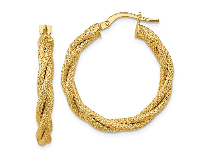 14k Yellow Gold 1 1/16 inch Polished and Textured Twisted Round Hoop Earrings