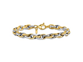14K Two-tone Gold Polished and Textured 6.2mm Fancy Link Bracelet