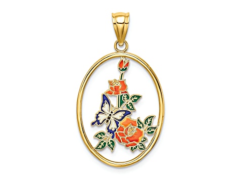 14k Yellow Gold Enamel White Butterfly In Oval with Orange Flowers Charm