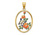 14k Yellow Gold Enamel White Butterfly In Oval with Orange Flowers Charm