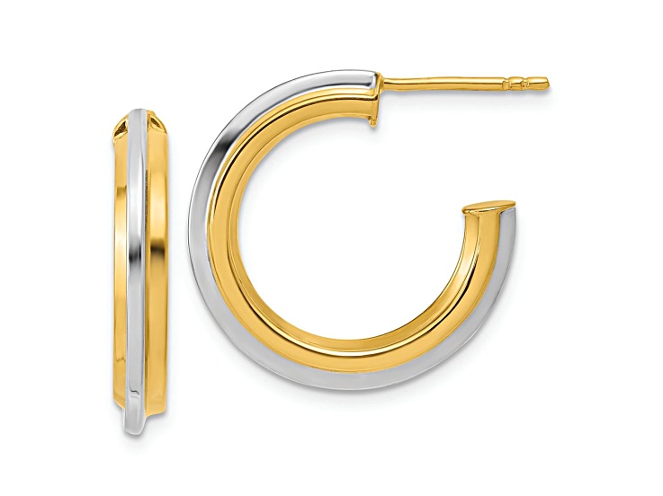 10K Yellow Gold with White Rhodium Polished and Grooved J-Hoop Post Earrings