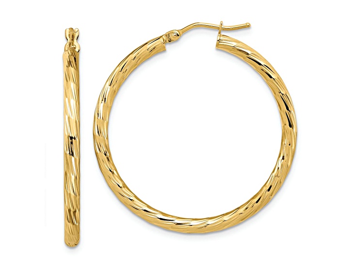 14k Yellow Gold 1 3/8 inch Polished Diamond-Cut Hoop Earrings