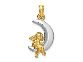 14K Two-tone Gold  3D Angel On Moon Charm