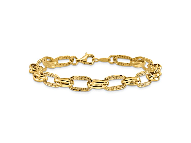 14k Yellow Gold Polished, Textured and Diamond-Cut 8.25mm Fancy Link Bracelet