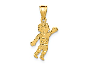 14k Yellow Gold Textured Waving Boy with Heart on Pocket Pendant