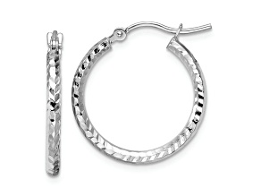 Rhodium Over 10k White Gold 13/16 inch Diamond-Cut Round Tube Hoop Earrings