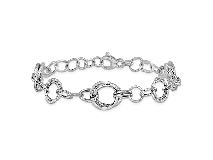 Rhodium Over 14k White Gold Polished and Textured 14mm Fancy Link Bracelet
