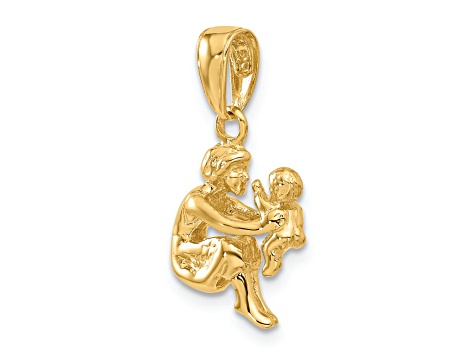 14k Yellow Gold 3D Textured Mother holding child Pendant